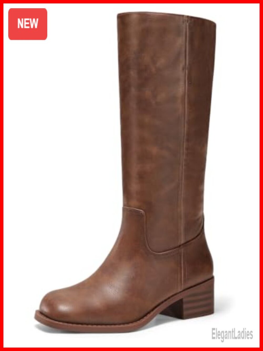Coutgo Knee High Boots Square Toe Chunky Block Heel Faux Leather